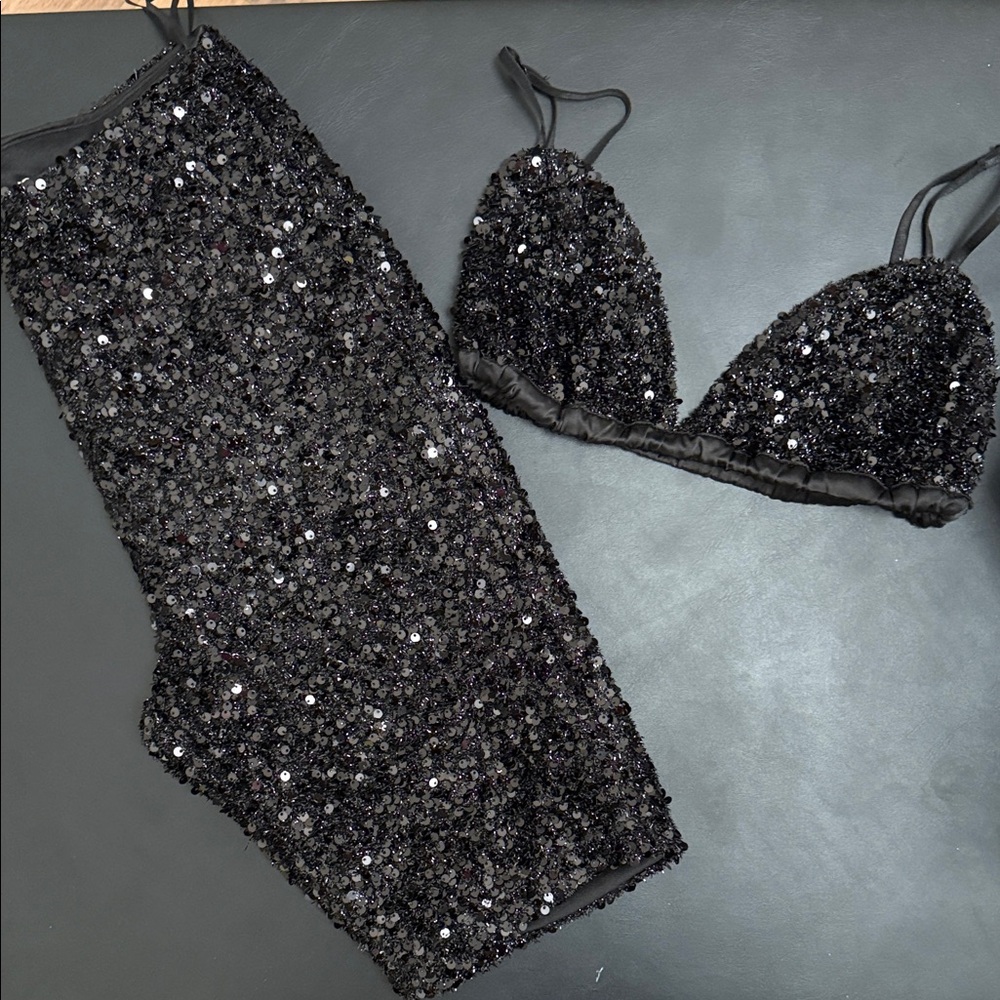 Black Sequin Bralette & Bike short Set - Women's Intimates